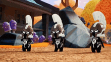 a group of cartoon characters standing next to each other with the letter p on their backs