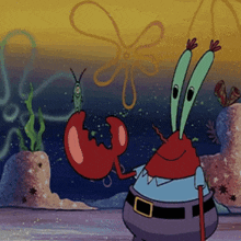 a cartoon character from spongebob is holding a crab