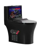 a black toilet with a screen on it that says alien vs predator