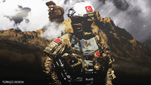 a soldier with a white helmet with a red c on it