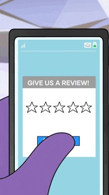 a hand is holding a cell phone that says give us a review on the screen