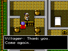 a video game screen shows a man standing in a room and says villager thank you come again
