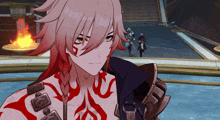 a video game character with red hair and a tattoo on his chest