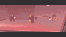 a group of people are standing in a room with a red background