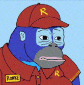 a blue gorilla wearing a red hat and a red shirt with the name ronke on it