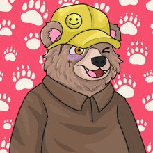a bear wearing a yellow hat has a smiley face on it