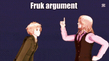 two anime characters standing next to each other with the words fruk argument written on the bottom