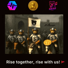a group of teddy bears are riding horses and holding a flag that says $ bear on it