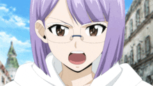 a girl with purple hair is wearing glasses and a white sweatshirt