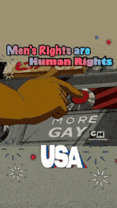 a cartoon of a hand pressing a button that says more gay usa