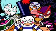 a group of cartoon characters including one wearing a top hat with the letter s on it
