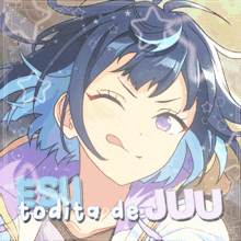 a drawing of a girl with blue hair and the name todita de juu