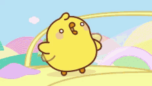 a yellow cartoon chicken is dancing in front of a rainbow and mountains .
