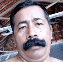 a shirtless man with a mustache is taking a selfie in a building .