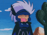 a cartoon character is standing next to a cactus and making a funny face .
