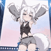 a girl with white hair and a white tail is standing on a stage