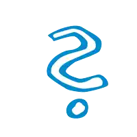 a blue and white drawing of a question mark with a circle below it