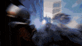 a blurry picture of a city with a blue sky