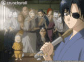 a crunchyroll ad shows a man holding a sword in front of a crowd of people