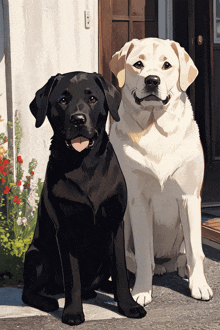 a black dog and a white dog are sitting next to each other in front of a door