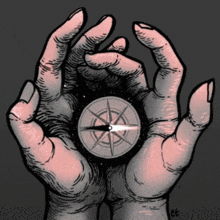 a drawing of a person holding a compass with the letters cc on the bottom