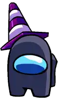 a black among us character wearing a purple and white striped party hat