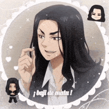 a man with long black hair is holding a pair of earbuds in his hand .