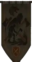 a banner with a wolf and a man holding axes