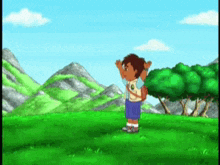 a cartoon character is standing on top of a lush green field .