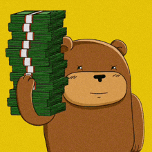 a cartoon bear is holding a large stack of green money