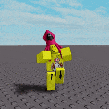 a cartoon character wearing a pink hoodie is standing on a gray tile floor