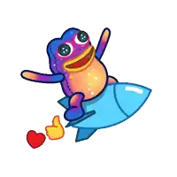 a cartoon frog is flying on a blue rocket with a thumbs up