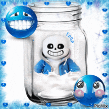 a picture of sans in a mason jar with a blue smiley face behind him