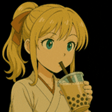 a girl in a ponytail is drinking a bubble tea with a straw