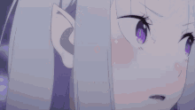 a close up of a girl with purple eyes and white hair