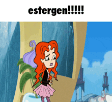 a cartoon of a girl with red hair and the words estergen !!! below her