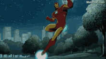 a cartoon of iron man flying through the air with a blue light coming out of his chest