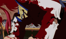a cartoon of a woman with red hair and blood on her shirt
