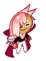 a cookie from a video game is holding a glass of liquid .