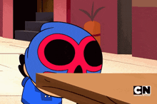 a cartoon character from the cartoon network is looking at a wooden table