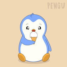 a penguin is holding an ice cream cone and the word pengu is behind it