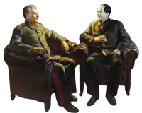 a painting of two men sitting in chairs talking to each other