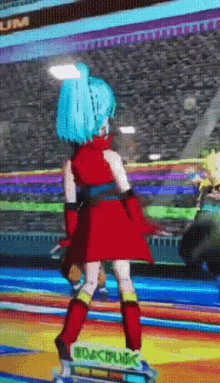 a video game screen shows a girl in a red dress with blue hair