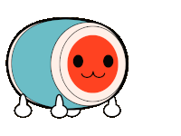 a cartoon drawing of a blue drum with a red face