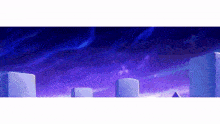 a purple background with a few buildings in the foreground and a purple sky in the background