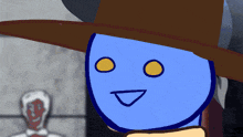 a cartoon drawing of a man wearing a blue mask and a brown hat