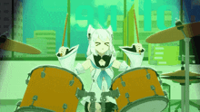 a girl is playing drums in front of a window that says earth