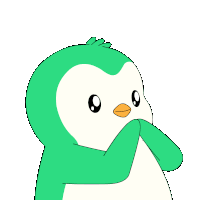 a green and white penguin with a yellow beak is looking at the camera