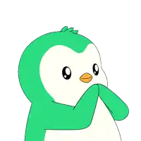 a green and white penguin with a yellow beak is looking at the camera