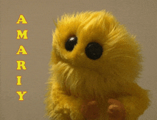 a yellow stuffed animal with the name amariy written on the bottom